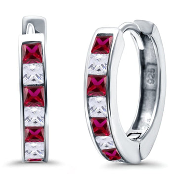 Half Eternity Hoop Earrings Princess Cut Simulated Ruby CZ 925 Sterling Silver (14mm)